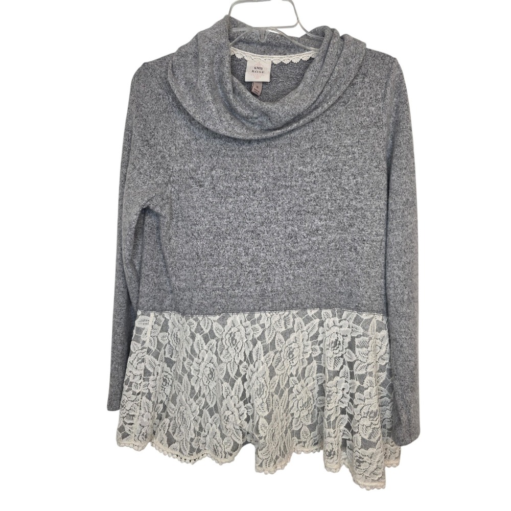Knox‎ Rose Women Gray Cowl Neck Lace Trim Tunic Sweater Size M - Picture 2 of 8